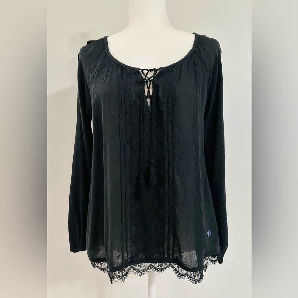 NWT Hollister Black Lace-Up Tassels Long Sleeve Top - Small
